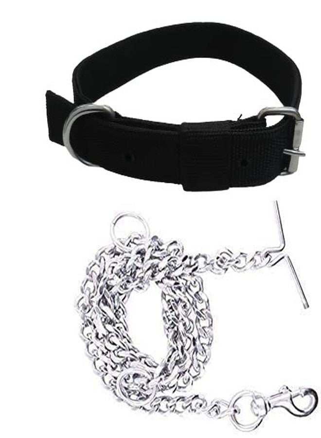 KittuPet Dog Belt Combo of 1 inch Nylon Collar with Heavy Dog Chain 63 Inch Lengthy Dog Collar (Black) Silver Chain - Image 1